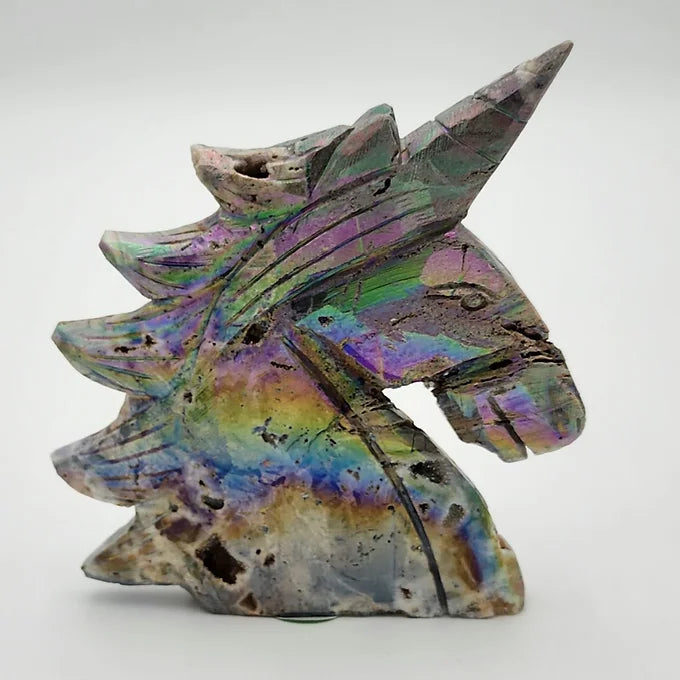 Sphalerite Unicorn Head Statue with Rainbow Aura Plating