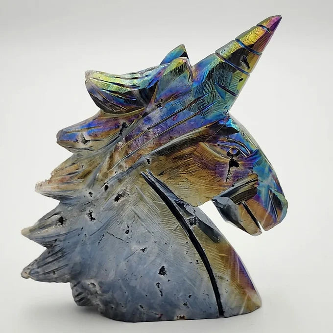 Sphalerite Unicorn Head with Rainbow Aura Plating Statue