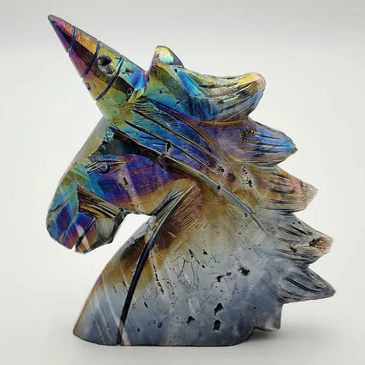 Sphalerite Unicorn Head with Rainbow Aura Plating Statue