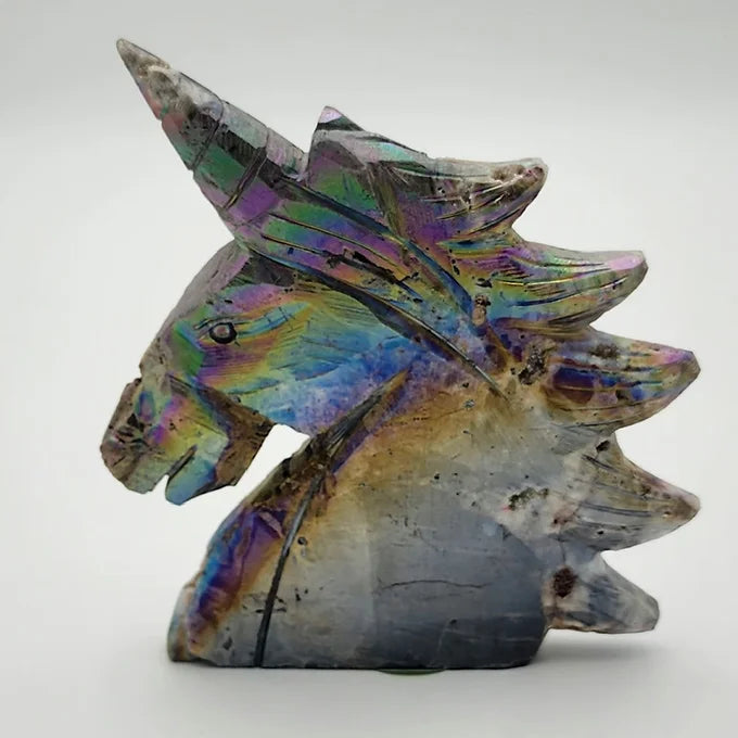 Sphalerite Unicorn Head Statue with Rainbow Aura Plating